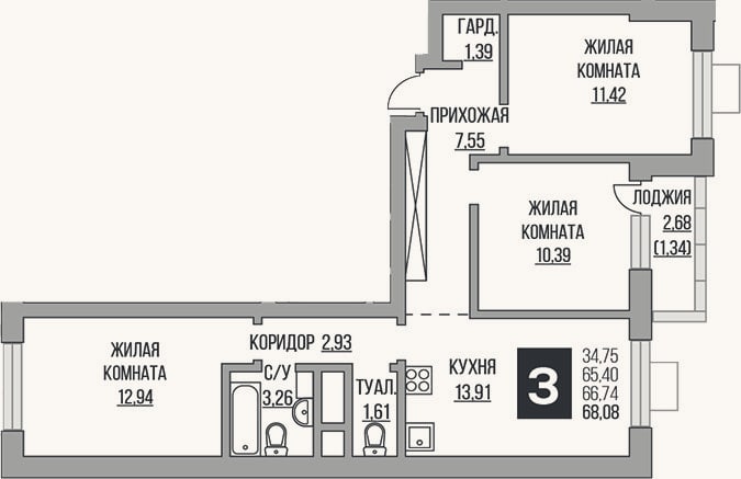 Планировка: 3-к, 65,4 м²