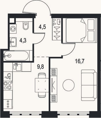 Планировка: 1-к, 35,3 м²