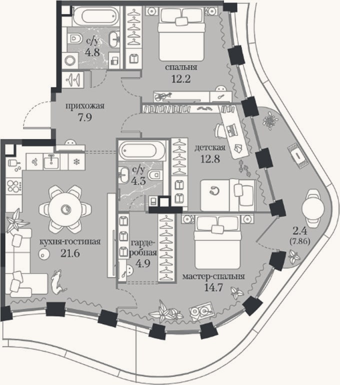 Планировка: 3-к, 83,2 м²