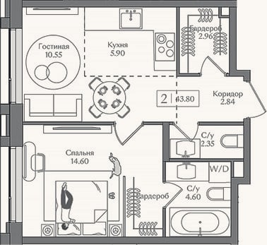 Планировка: 2-к, 43,8 м²