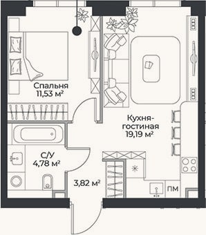 Планировка: 2-к, 39,3 м²