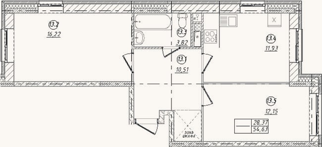 Планировка: 2-к, 54,6 м²