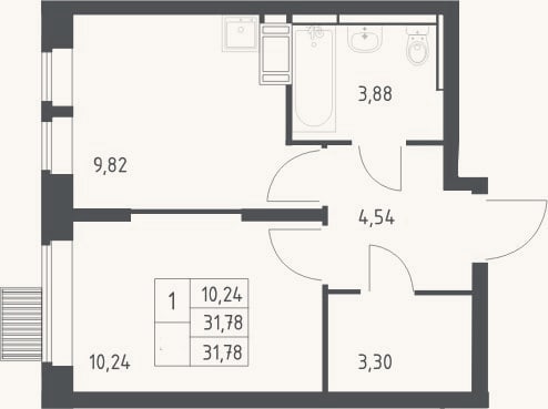 Планировка: 1-к, 31,8 м²