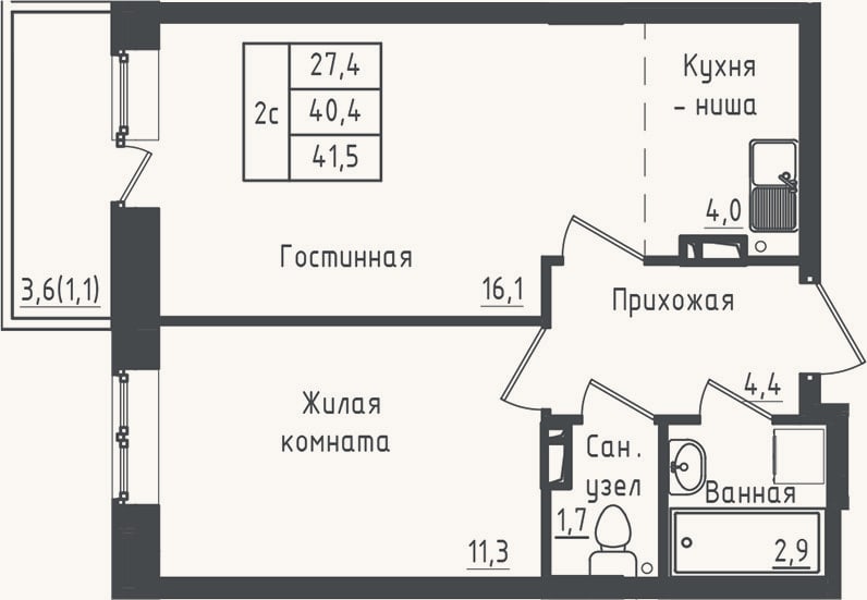 Планировка: 1-к, 40,4 м²