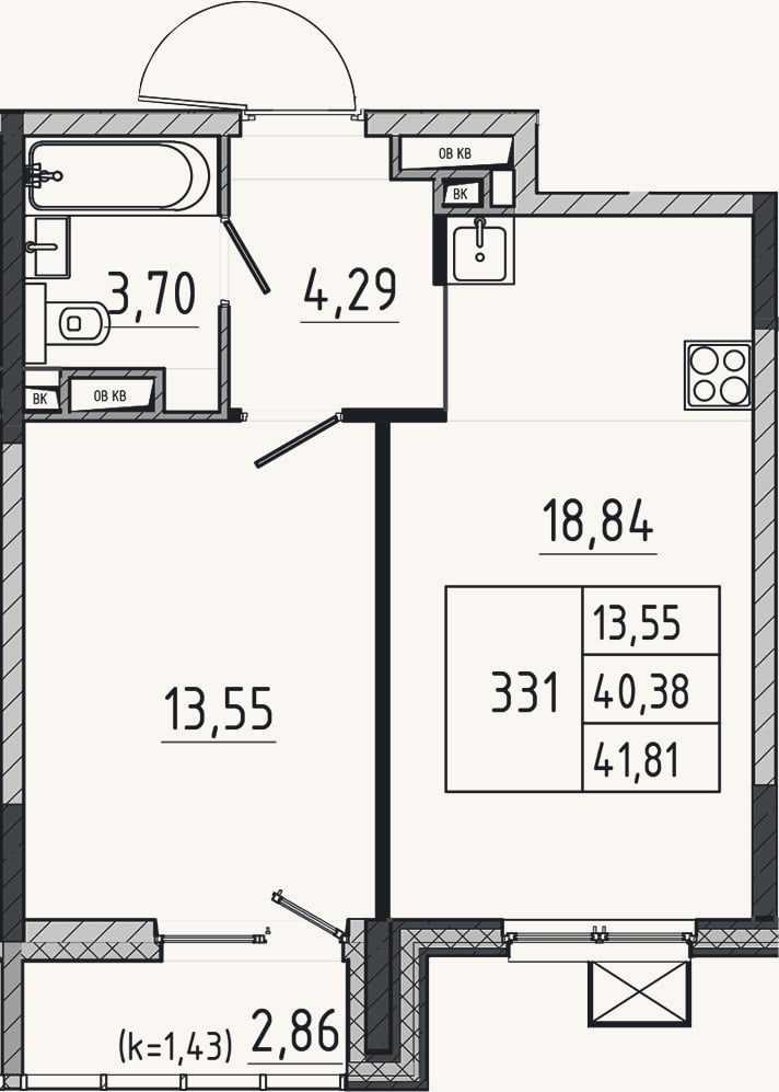 Планировка: 2-к, 40,4 м²
