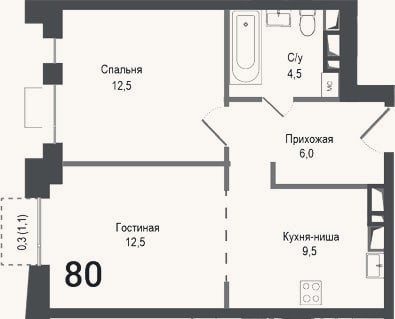 Планировка: 2-к, 45 м²