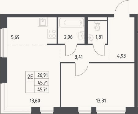 Планировка: 2-к, 45,7 м²