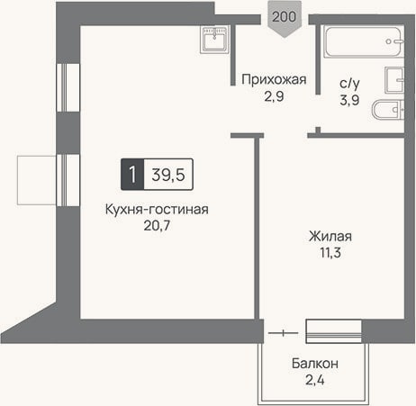 Планировка: 2-к, 38,8 м²