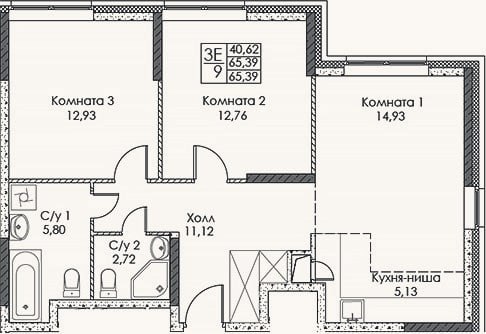 Планировка: 3-к, 65,4 м²