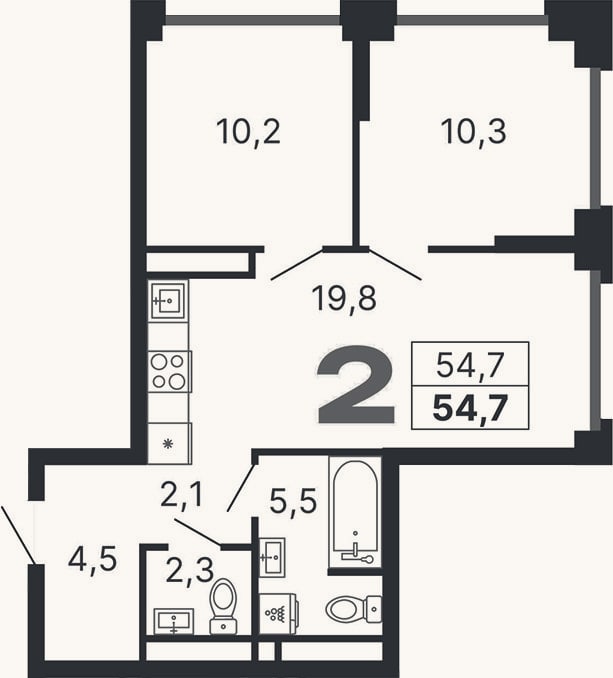 Планировка: 2-к, 54,7 м²