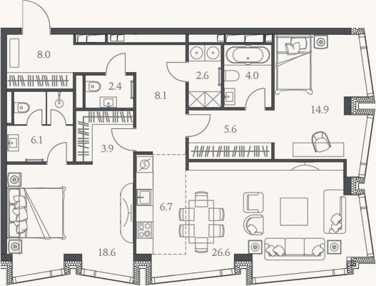 Планировка: 3-к, 107,5 м²