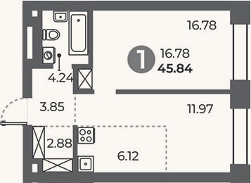 Планировка: 1-к, 45,8 м²