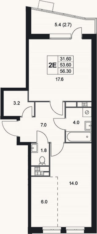 Планировка: 2-к, 53,6 м²