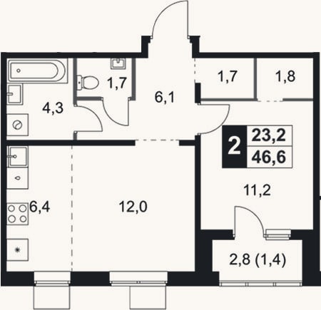 Планировка: 2-к, 45,2 м²