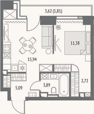 Планировка: 2-к, 39 м²