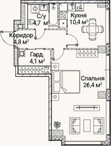 Планировка: 1-к, 50,6 м²