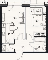Планировка: 2-к, 42,5 м²