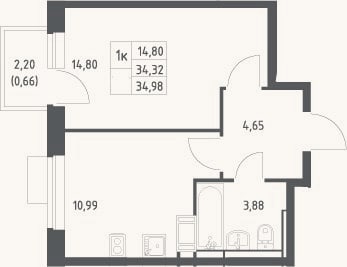 Планировка: 1-к, 34,3 м²