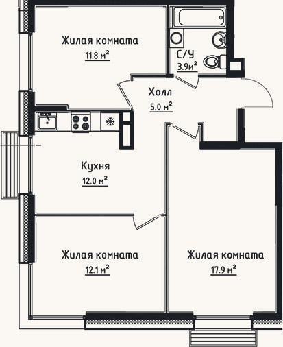 Планировка: 3-к, 62,7 м²