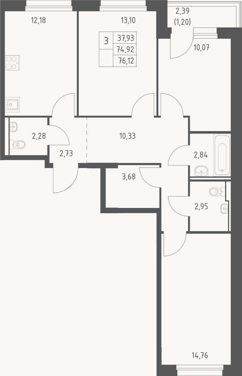 Планировка: 3-к, 74,9 м²