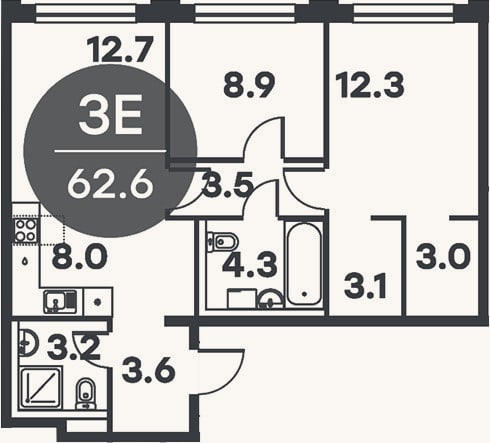 Планировка: 3-к, 62,6 м²