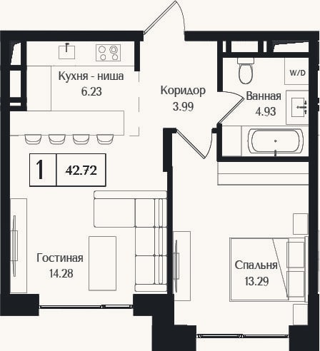 Планировка: 2-к, 42,7 м²