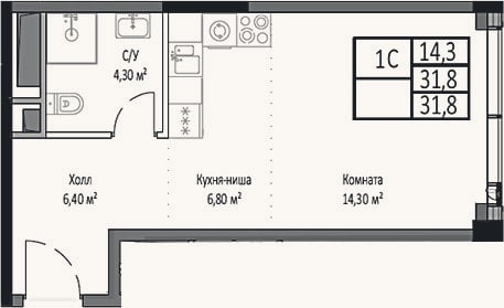 Планировка: Студия, 31,8 м²