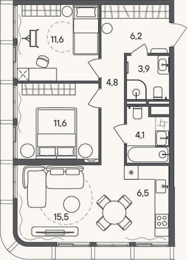 Планировка: 3-к, 64,2 м²