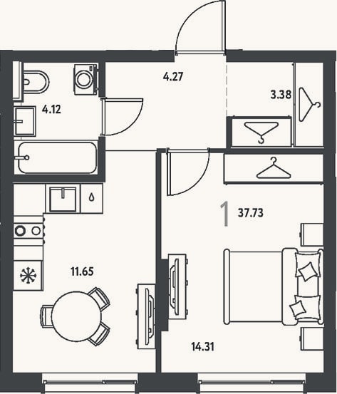 Планировка: 1-к, 37,7 м²