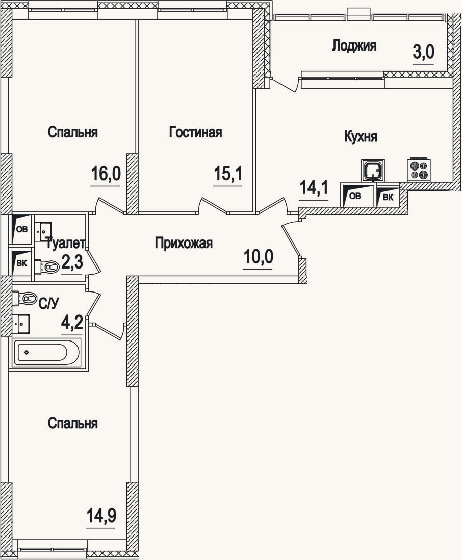 Планировка: 3-к, 76,6 м²