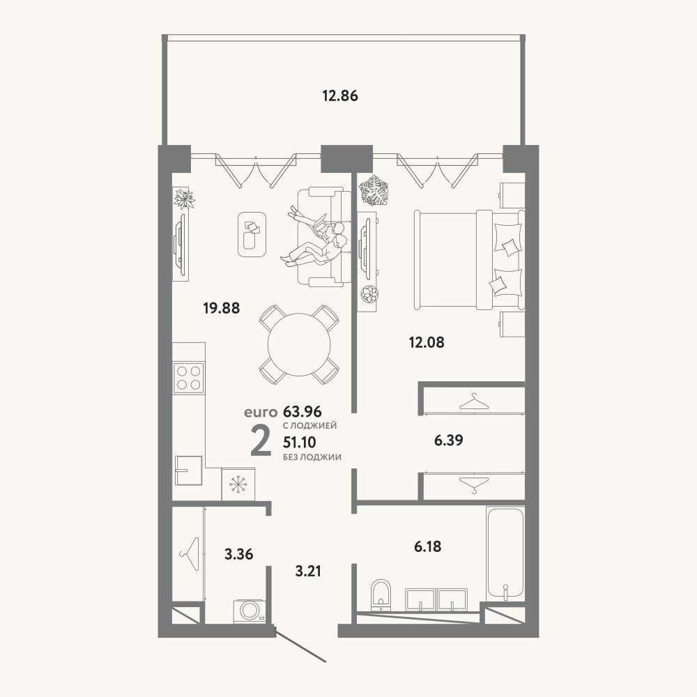 Планировка: 2-к, 51,1 м²