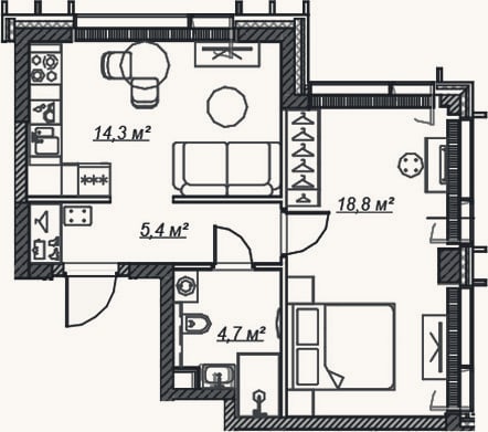 Планировка: 2-к, 43,2 м²