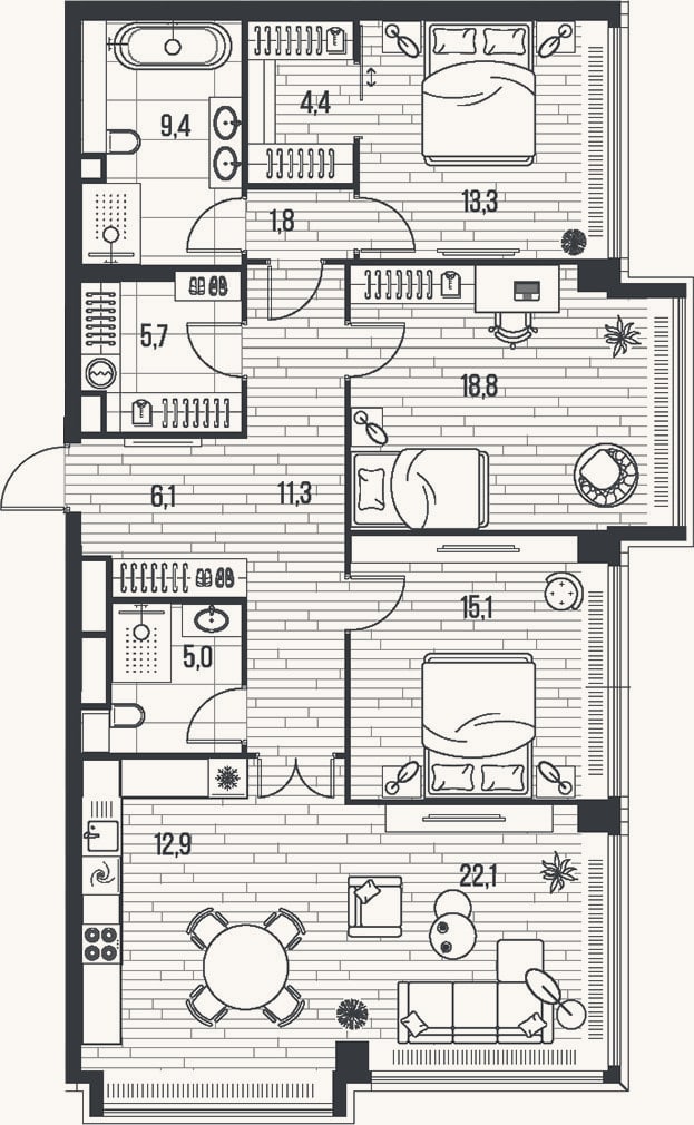 Планировка: 4+ к, 125,9 м²