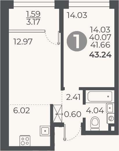 Планировка: 1-к, 40,1 м²