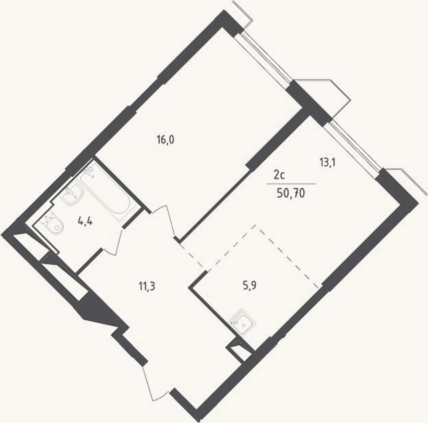 Планировка: 2-к, 50,7 м²