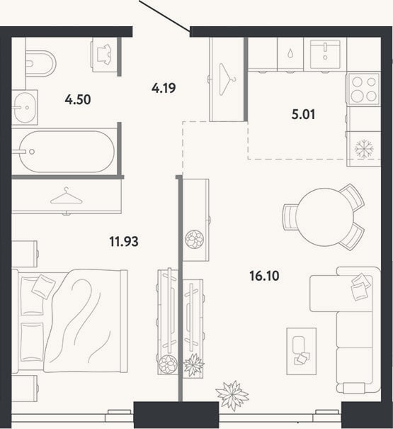 Планировка: 1-к, 41,7 м²