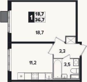 Планировка: 1-к, 36,7 м²