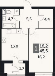 Планировка: 1-к, 43,8 м²
