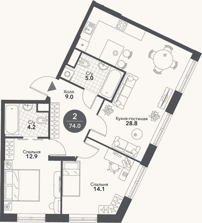 Планировка: 3-к, 74 м²
