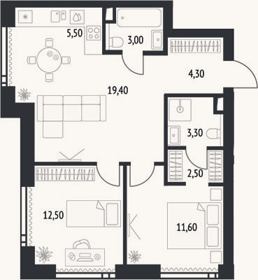Планировка: 3-к, 64,5 м²