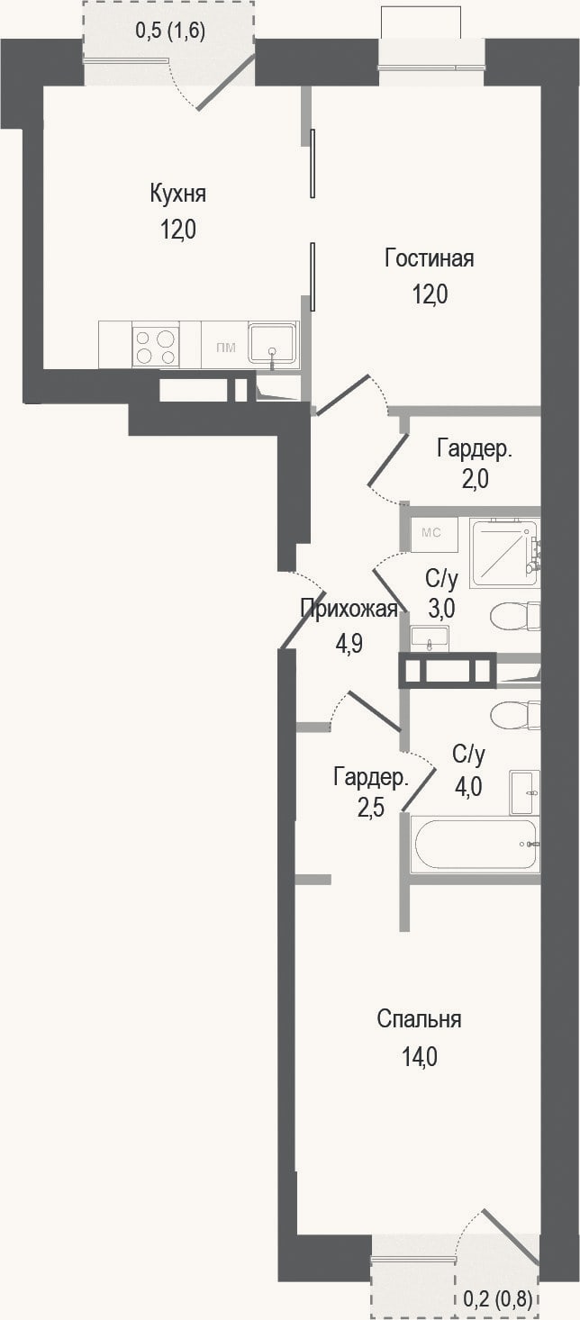 Планировка: 2-к, 54,4 м²