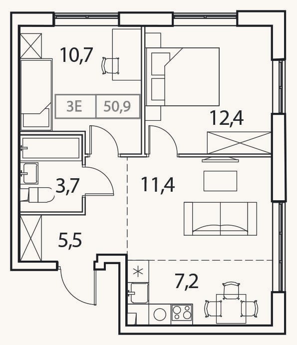 Планировка: 3-к, 50,9 м²