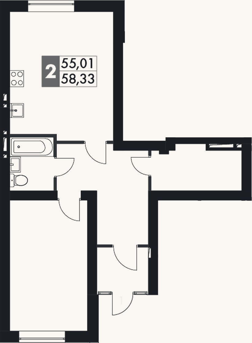Планировка: 2-к, 60,6 м²