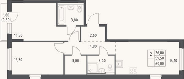 Планировка: 3-к, 59,5 м²