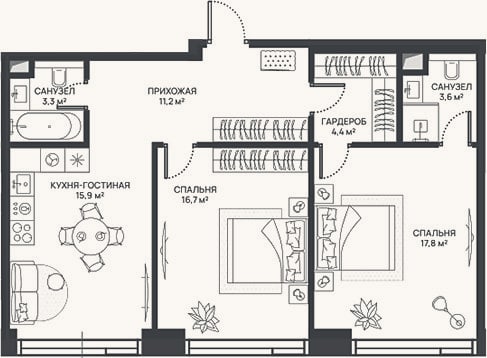 Планировка: 3-к, 72,9 м²