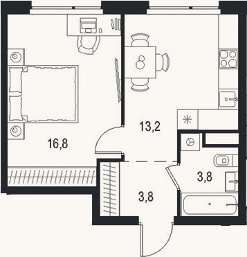 Планировка: 1-к, 37,6 м²