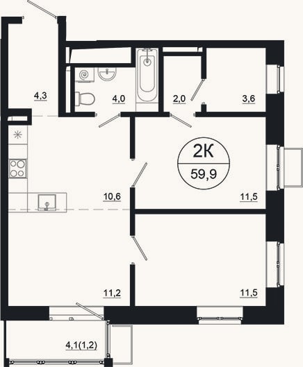 Планировка: 3-к, 58,7 м²