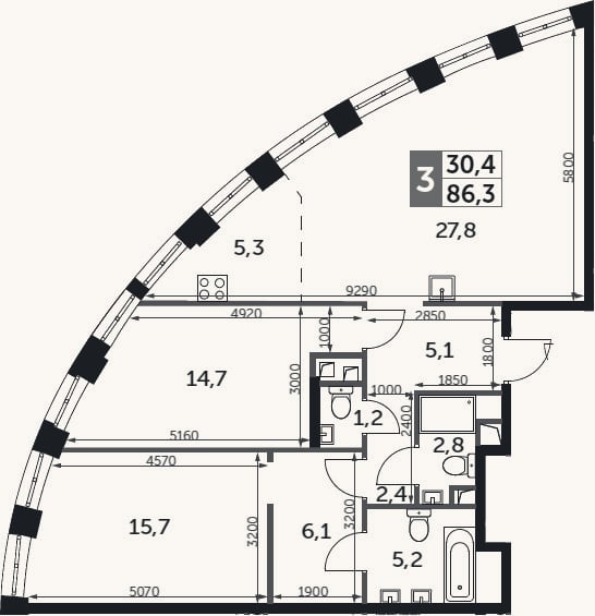 Планировка: 3-к, 86,3 м²
