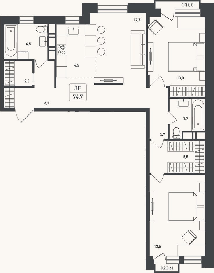 Планировка: 3-к, 77,1 м²