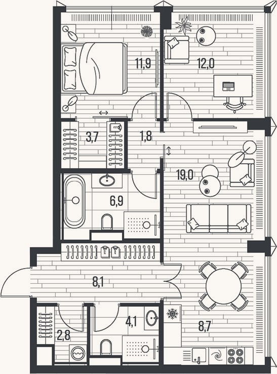 Планировка: 3-к, 79 м²